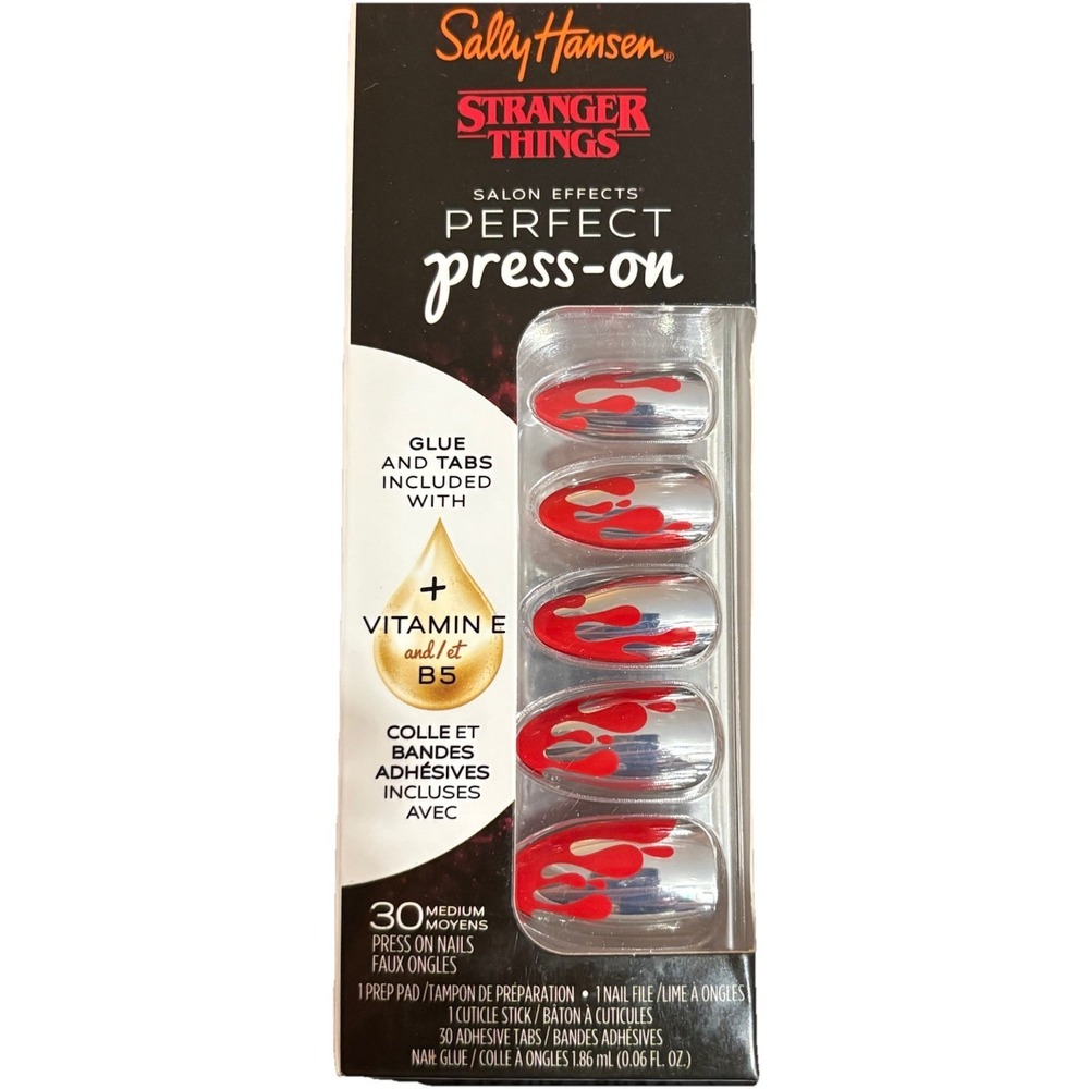 30 Sally Hansen Stranger Things Press-On Nails Medium Oval Full Red/silver 1 Pk